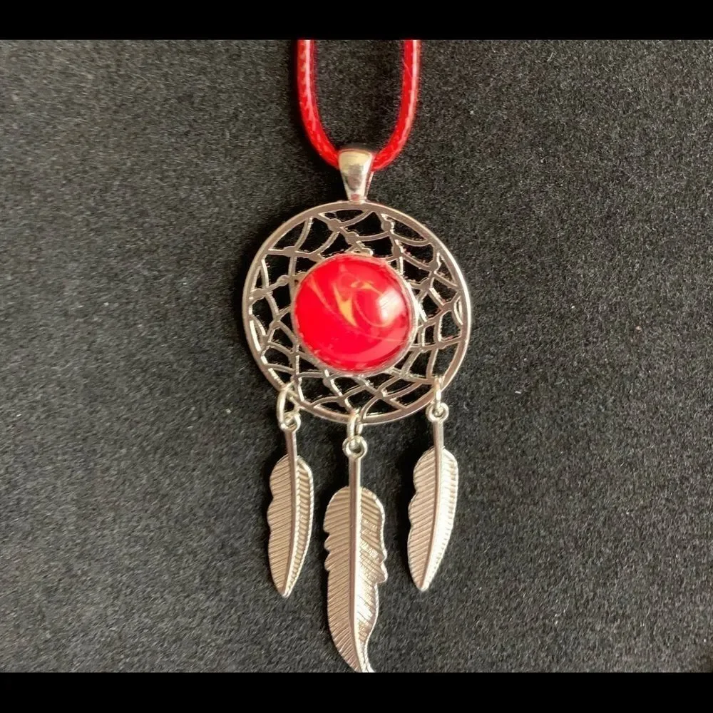 HAND PAINTED GLASS CABOCHON DREAMCATCHER CORDED NECKLACE‎